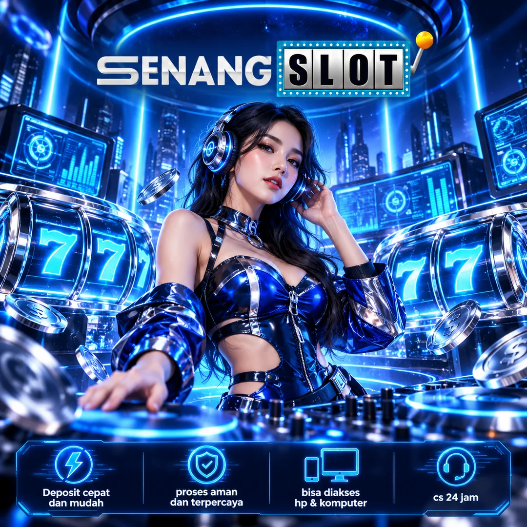 Poster SENANGSLOT bergaya futuristis dengan cahaya biru dan perangkat musik