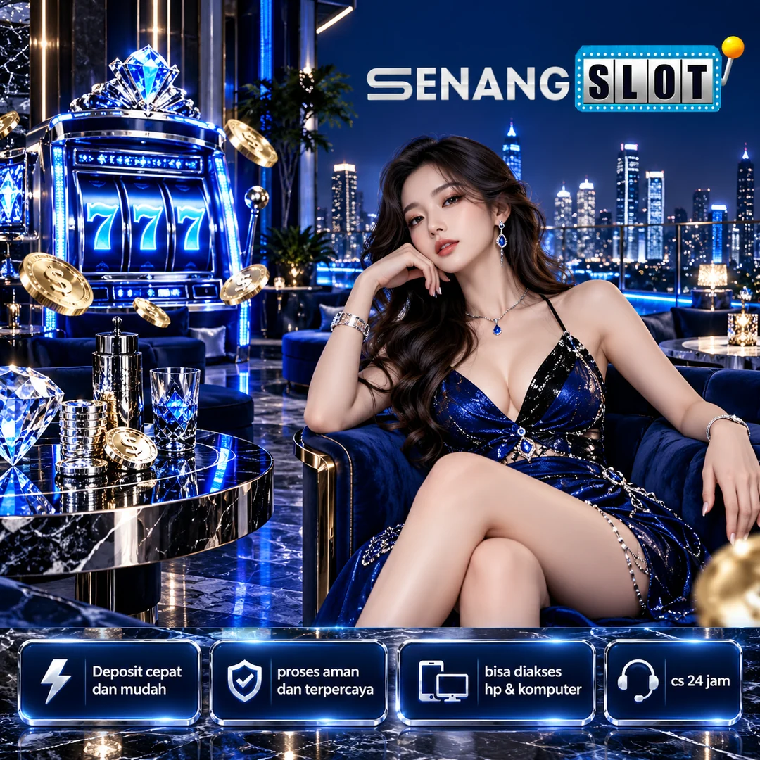 Poster SENANGSLOT bernuansa lounge biru dengan ilustrasi etalase digital